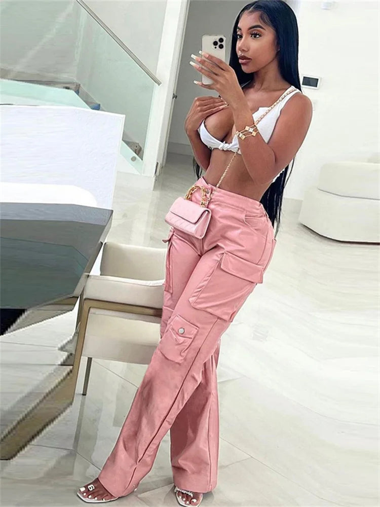 Simenual Fairy Pink Pu Faux Leather High Waist Long Pants Women Casual Streetwear Bottoms Chic Pockets Straight Trousers Y2K New