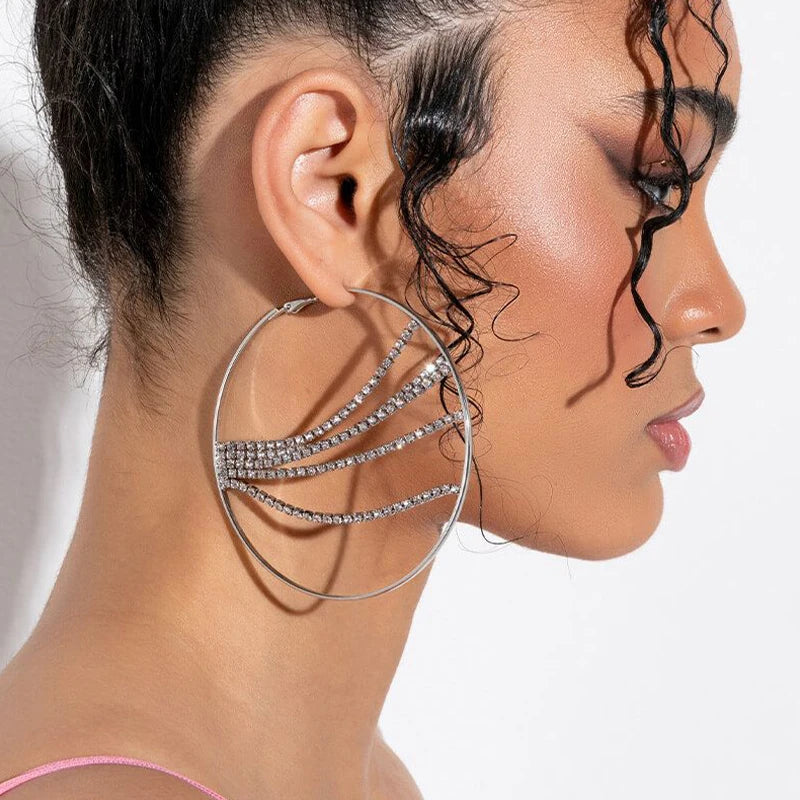 Stonefans 1Pair Multilayer Hoop Earrings for Women Rhinestone Trend Bling Trend Exaggerated Large Big Round Circle Earrings