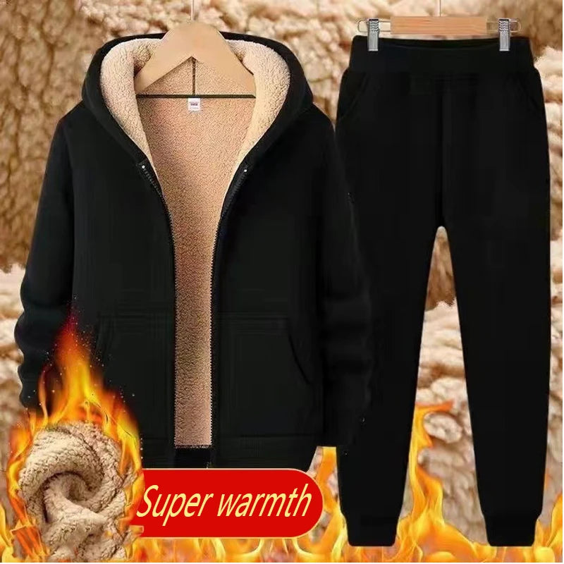 Men's Casual Tracksuit Sets Men Lamb Cashmere Winter Wool Hooded Sweatshirt Thick Warm Sportswear Male Suit Two Piece Set