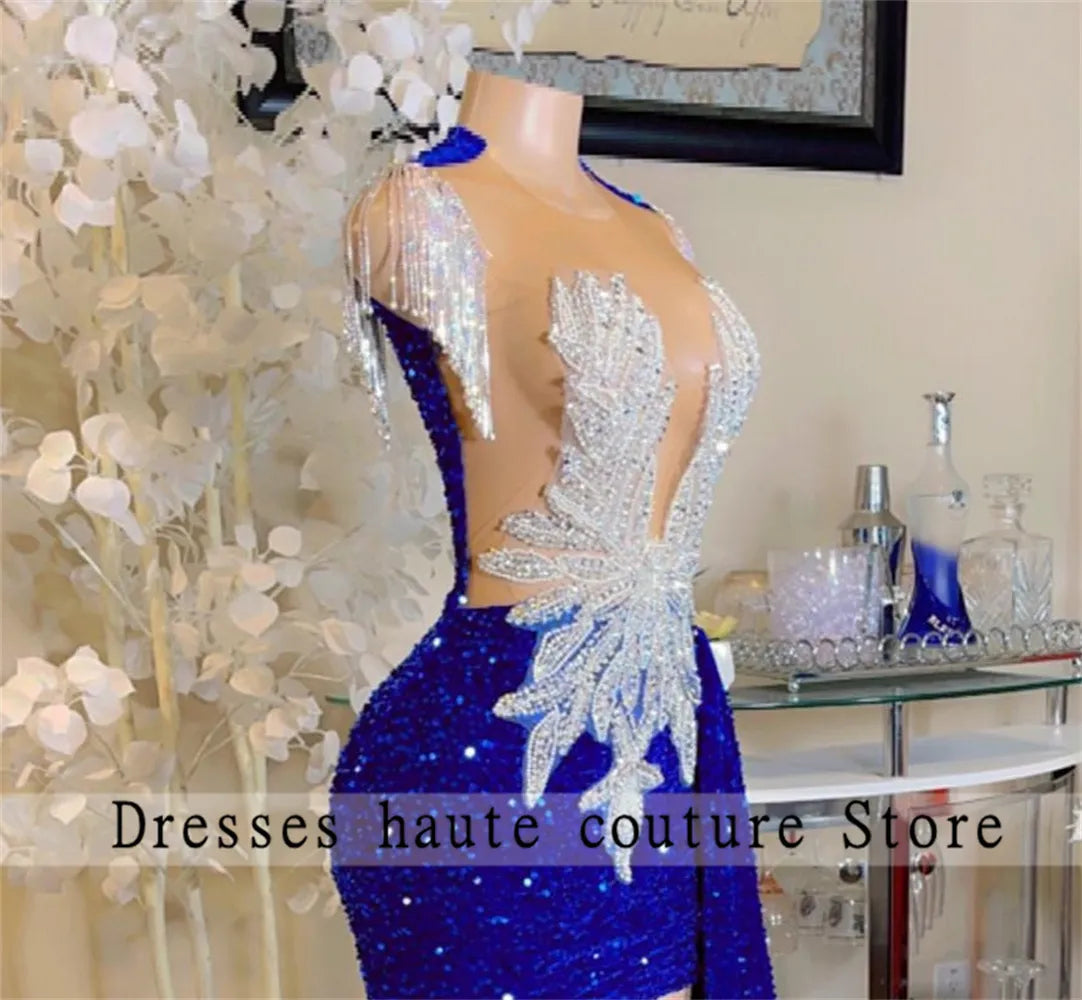 Royal Blue Sequins Beaded Short Mermaid Prom Dresses 2023 With Train Mini Cocktail Gowns Robe De Bal