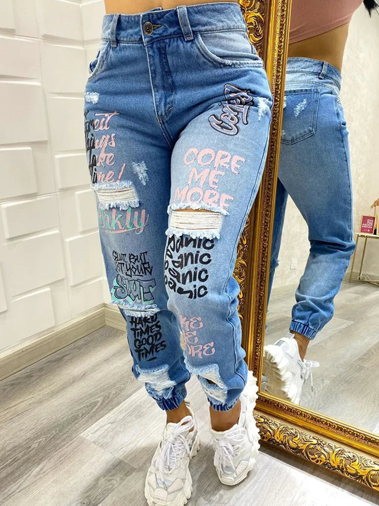 Letter Print Slant Pocket Ripped Jeans Casual Jeans Women jeans