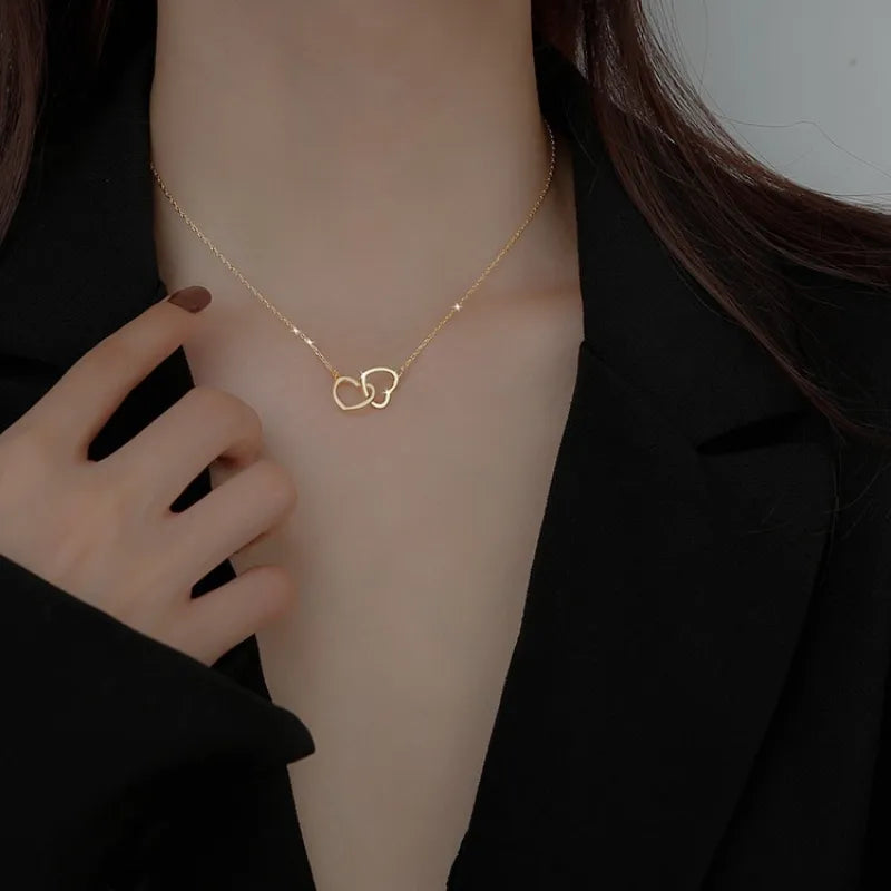 Simple Double Heart Pendant Necklace for Women Couple Stainless Steel Choker Gold Color Chain Wedding Party Friends Jewelry Gift necklace