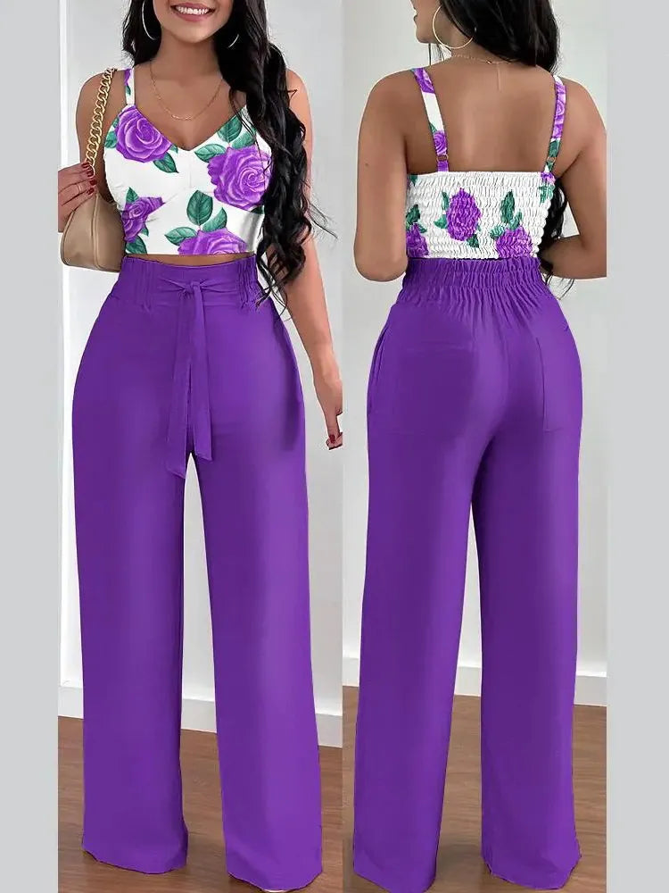 Women Fashion Print Halter V-Neck Short Tank Suit Tops Long Pants Matching Set Summer Casual Female Slim Pants Two Piece Sets