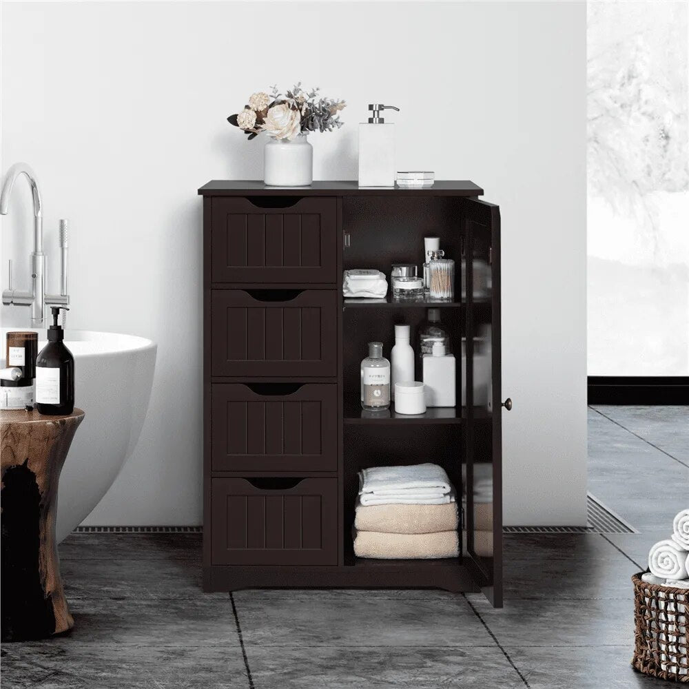 Wooden Bathroom Storage Cabinet with 4 Drawers & Cupboard, Espresso