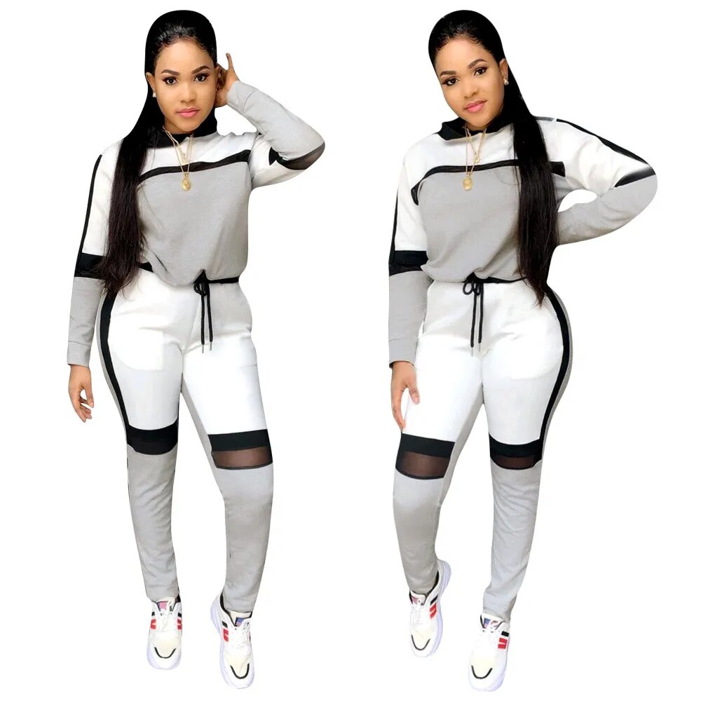 Tracksuit Women Sets Two Piece Autumn Hot Mesh Sports Jogger Long Sleeve Hoodies Sweatshirt Casual Pants Set Trousers Suit Set 