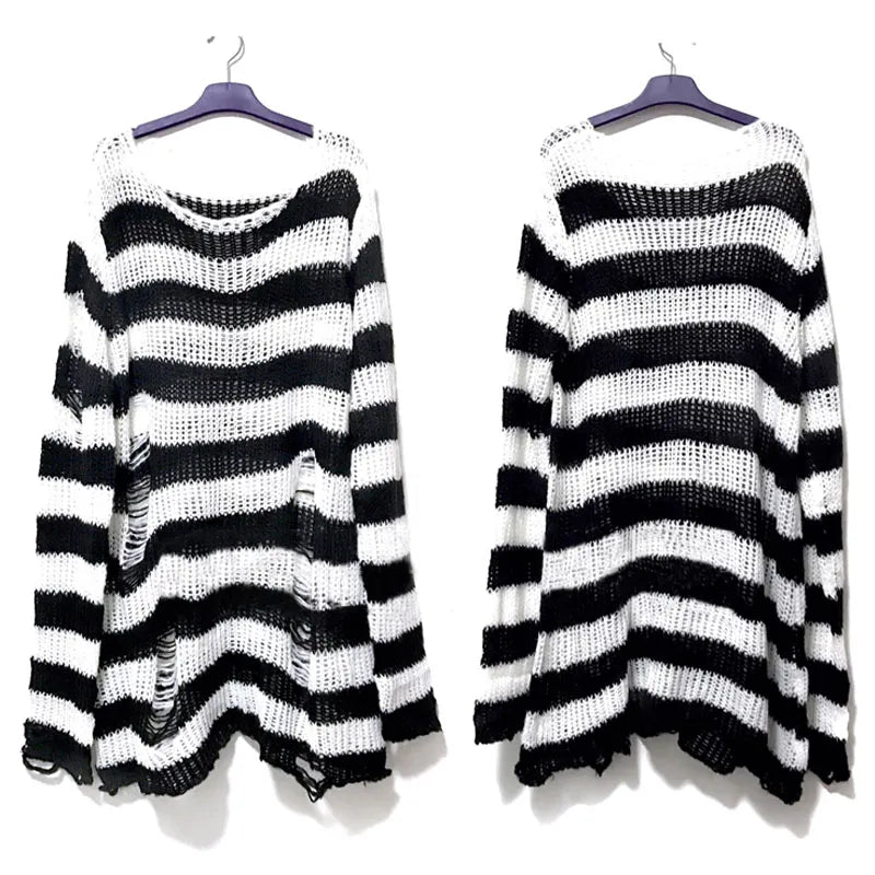 New Punk Gothic Long Unisex Sweater Summer Women Striped Cool Hollow Out Hole Broken Jumper Loose Rock Thin Dark Streetwear Top 