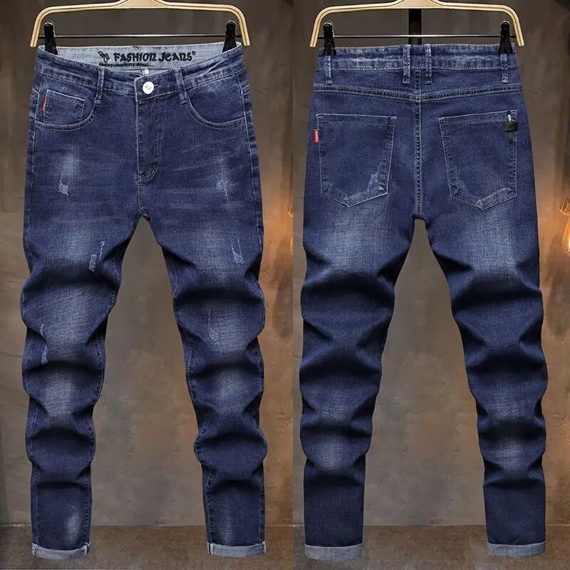 Men's Trend Slim Solid Color Jeans Summer Male Clothes Fashionable Simplicity Pockets Spliced Casual Straight Denim Trousers