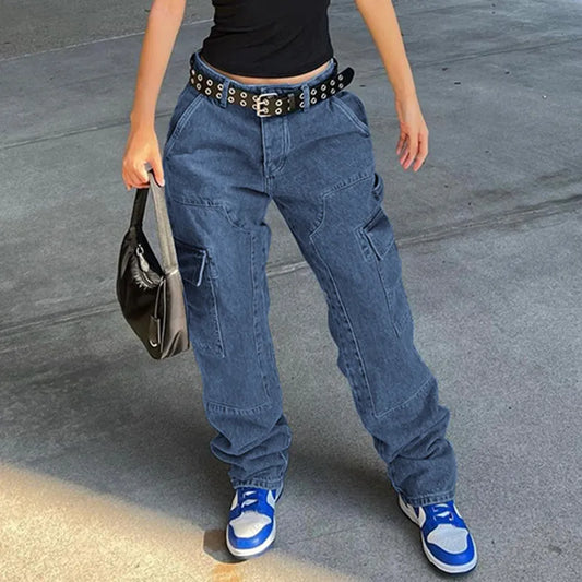 Streetwear Woman Jeans High Waist Baggy Leg Large Pocket Splicing Denim Pants Women Wide Leg Overall Casual Full Length Trousers