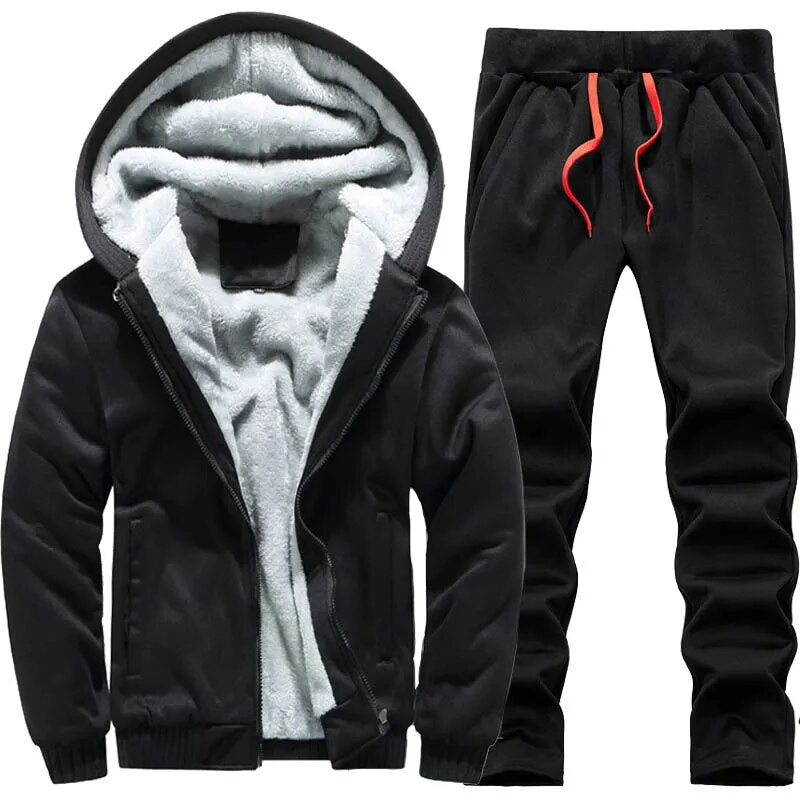 Men's Winter Jackets Thick Warm Jacket Brand Sportswear Coat Pants Solid Color Fleece Zipper Hooded Long Sleeved Male Outerwear