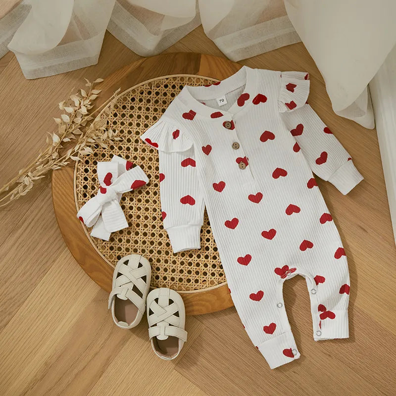 Ruffle Long Sleeve Infant Baby Girls Romper Kids Clothes Cute Heart Print Rib Jumpsuit+Headdress Valentine's Day Kids Playsuit