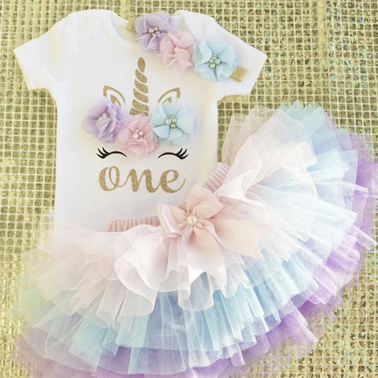 Unicorn Baby1st Birthday Outfits Girl Summer Clothes Toddler Kids Ballet Skirt with Headband Cotton Romper Infant Clothing Suits