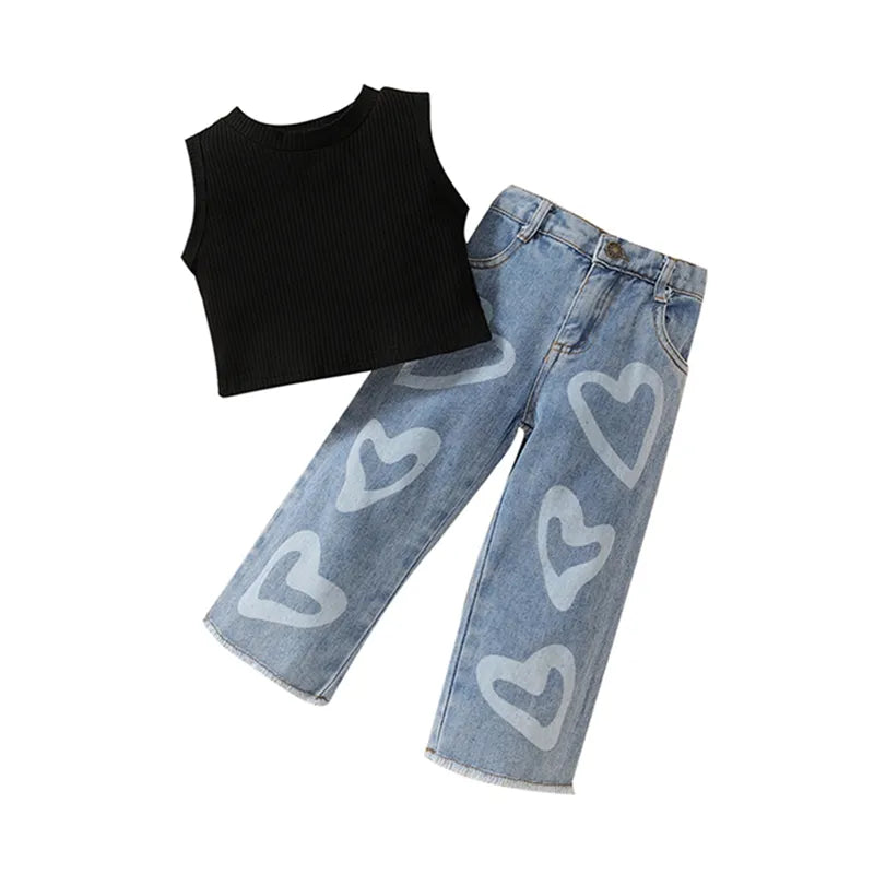 Kids Girls Clothes Suits Solid Color Ribbed Sleeveless Tank Tops and Heart Print Jeans Denim Pants 2Pcs Suit 2 piece