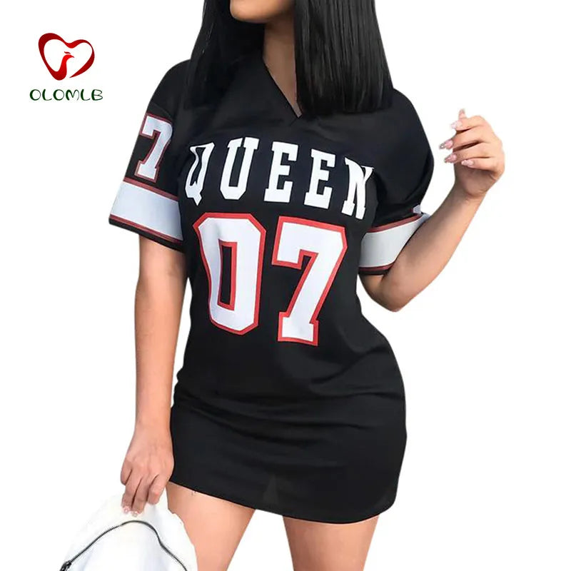 T Shirt Dress Women Short Dress Hip Hop Queen Printed Long T Shirt Loose V Neck Sexy Mini Dress Robe Camiseta Vestidos