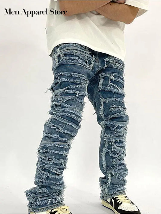 Ripped Retro Hole Distressed Jeans For Men Casual Straight Washed Harajuku Hop Denim Pants Autumn Vibe Long Pants Men's Clothing