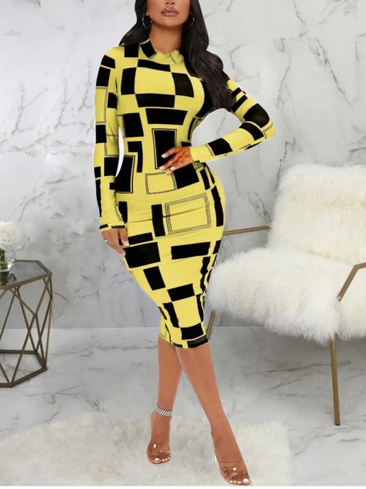 LW SXY Geometric Print Patchwork Bodycon Dress Mock Neck Body-shaping Long Sleeve Stretchy Women Skinny Streetwear Clothing