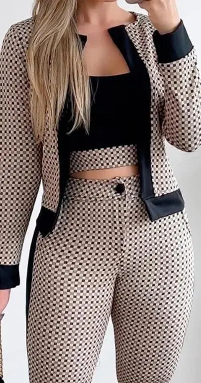 Two Piece Set Women Outfit Spring Fashion Plaid Print Contrast Paneled Open Front Long Sleeve Coat & Elegant Skinny Pants Set