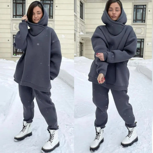 Women Tracksuit 2023 Autumn Winter Warm Solid Fleece Hooded Jogger Pants Two Piece Set Female Casual Oversized Sportswear Suit 