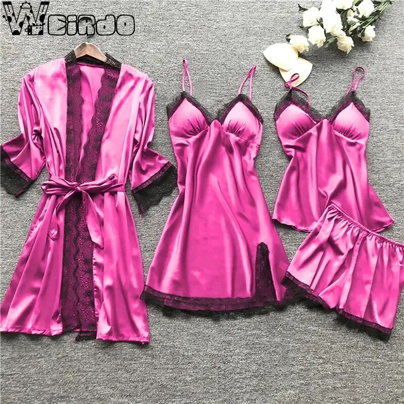 Spring Women Pajamas Sets Satin Sleepwear Silk 4 Pieces Nightwear Pyjama Strap Lace Sleep Lounge Pajama With Chest Pads