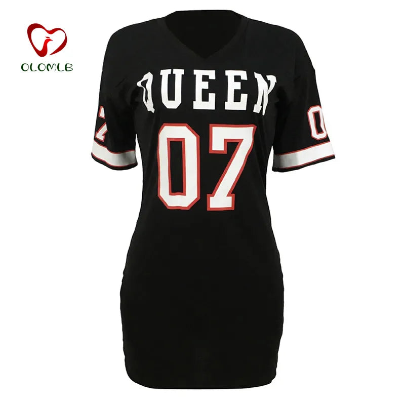 T Shirt Dress Women Short Dress Hip Hop Queen Printed Long T Shirt Loose V Neck Sexy Mini Dress Robe Camiseta Vestidos