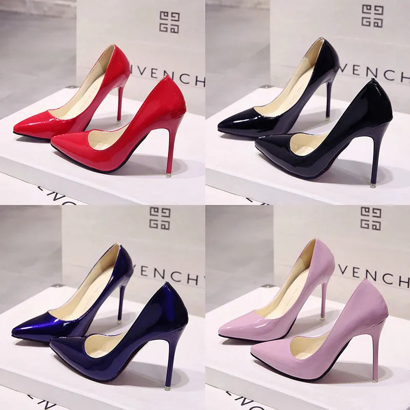 New Nude Pumps for Women High Heel Shoes Female Fashion Patent Leather Sexy Pointed Toe Thin Heel Wedding Shoes Plus Size 34-44 heels