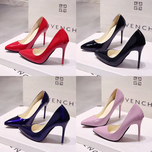 New Nude Pumps for Women High Heel Shoes Female Fashion Patent Leather Sexy Pointed Toe Thin Heel Wedding Shoes Plus Size 34-44