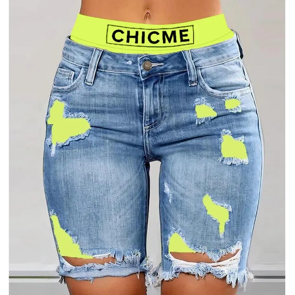 Wepbel Summer Sexy Ripped Jeans Colorblock Letter Print Short Jeans Ripped Fake 2 Piece Denim Shorts Women Ripped Denim Shorts