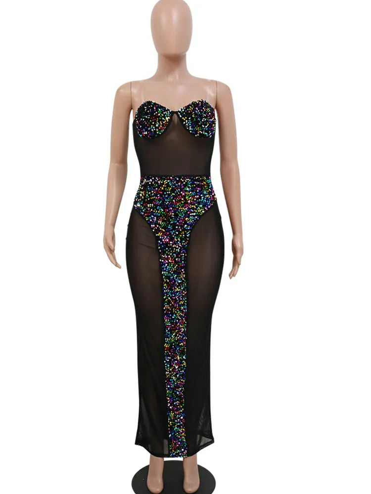 Kricesseen Beautiful Sequin Glam Mesh Dress (Black Multi) Glitter See-Through Sequins Night Dress Birthday Clubwear Outfits