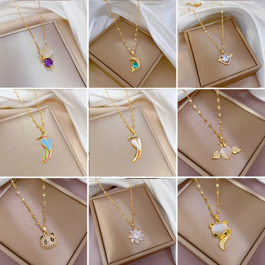 OIMG 316L Stainless Steel Gold Color Multi Style Wholesale Price Flower Heart Bird Abimal Pendant Necklace For Women Free Shippi