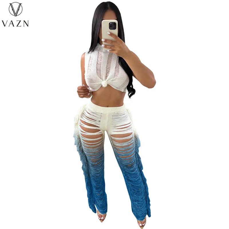 VAZN 2023 Sexy Street Style Women Sets Sleeveless Round Neck Short Top Elastic Long Pants Lady Broken Hole Lady 2 Piece Set