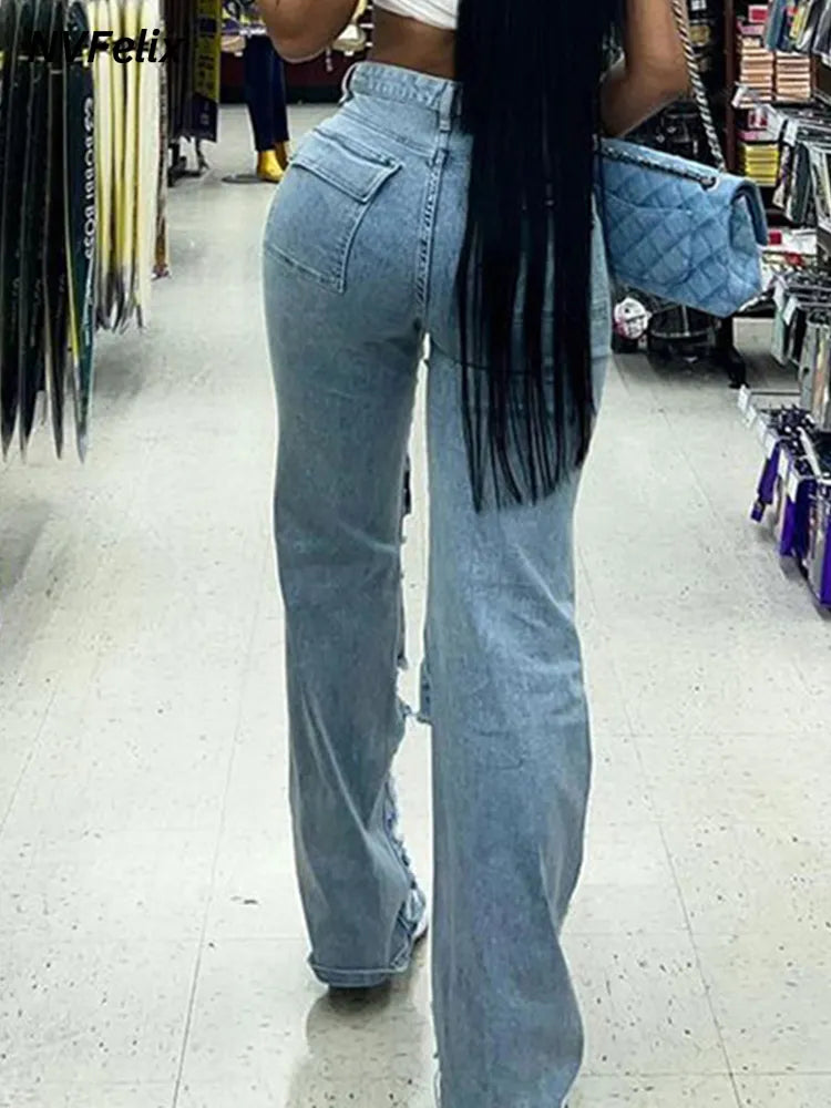 Women Hole Jeans Y2k Clothing Baggy Straight Denim Jeans Vintage 90s High Waist Loose Casual Long Pants Streetwear New Clothes