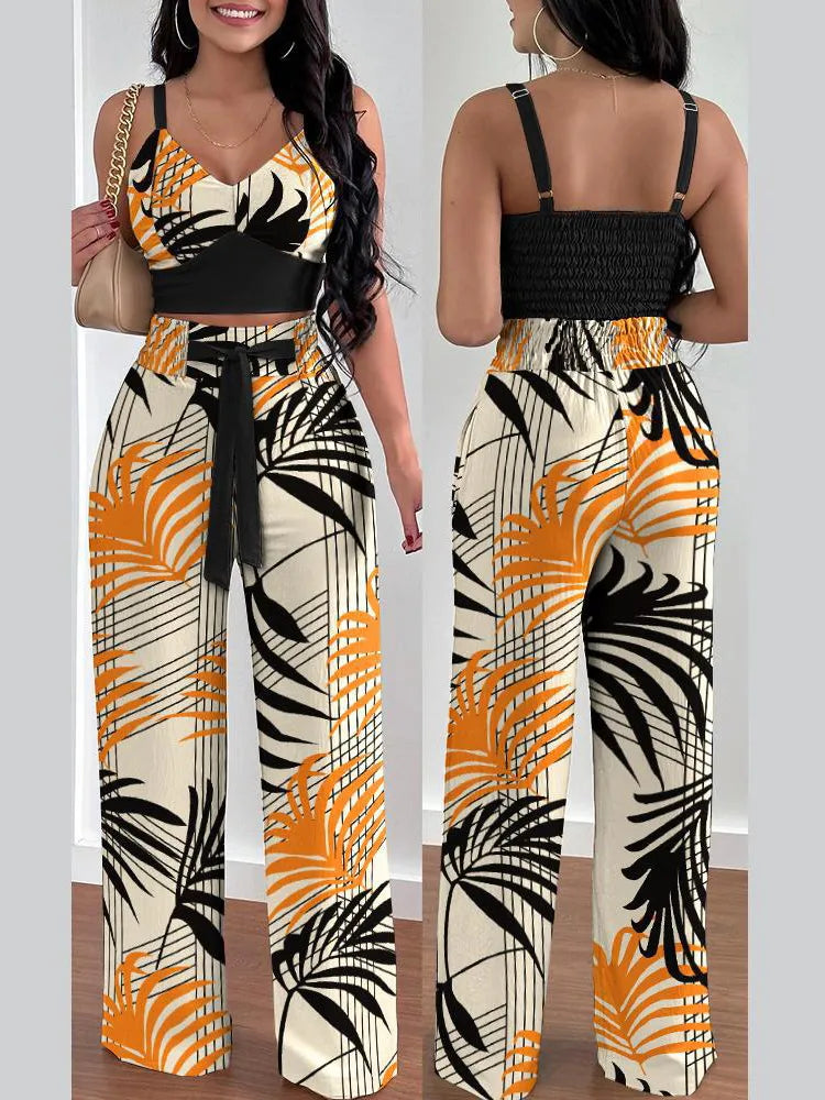 Women Fashion Print Halter V-Neck Short Tank Suit Tops Long Pants Matching Set Summer Casual Female Slim Pants Two Piece Sets