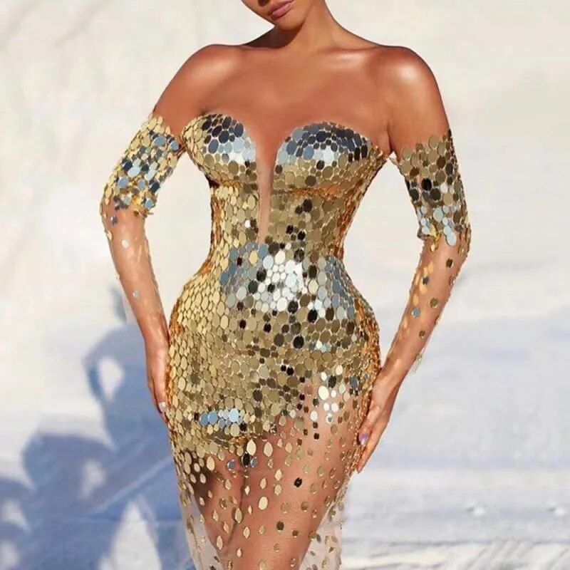 Shiny Sequin Dress See Through Slim Dress Lady Off Shoulder Deep V Club Evening Party Outfits Sparkly Gilter Midi Dresses