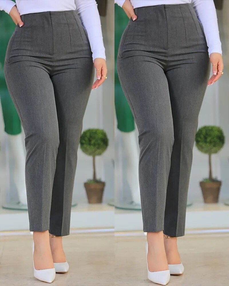 Women Clothing Spring Autumn Bottoms Vintage Streetwear High Waisted Straight Pants Office Chic Pink Slim Stretch Trousers 2023