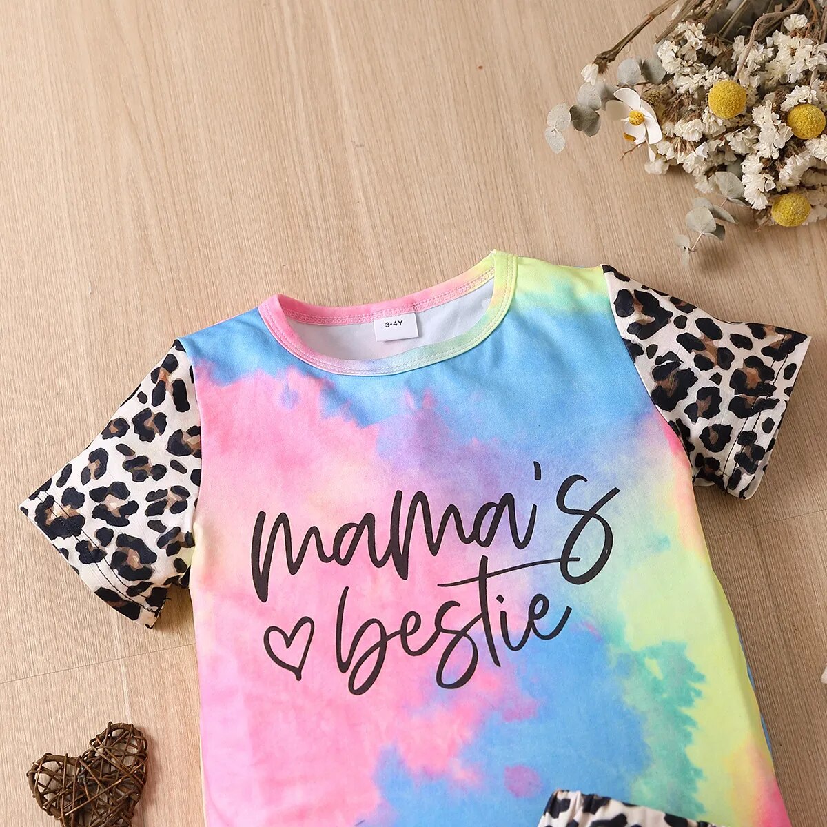 Summer girls short-sleeved suit leopard print letter print top shorts European and American style cotton kids clothing