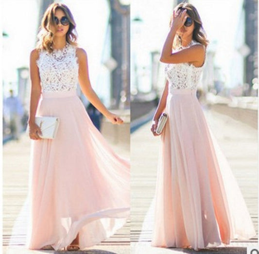 Summer Lace Panel Women Chiffon Maxi Dresses Round Neck Sleeveless Dress Slim Fit Harajuku Fashion Party Dress