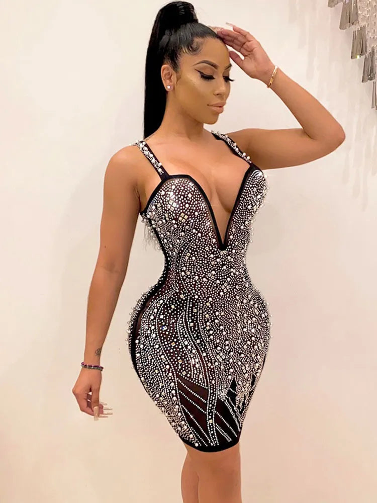 Szkzk Sexy Rhinestone Prom Dress Night Club Outfits For Women Elegant Evening Gowns Party Clubwear Diamond Bodycon Mini Dresses