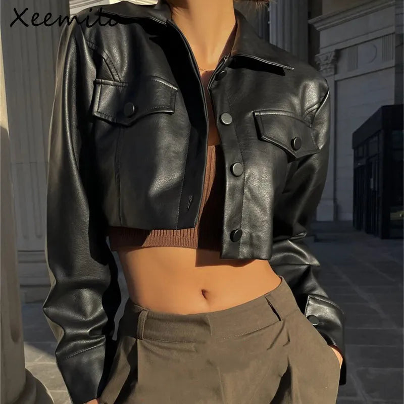 Xeemilo  Faux Leather Short Jacket Y2K Turn-down Collar Fashion Button Decoration PU Coat  Grunge Street Casual Coats