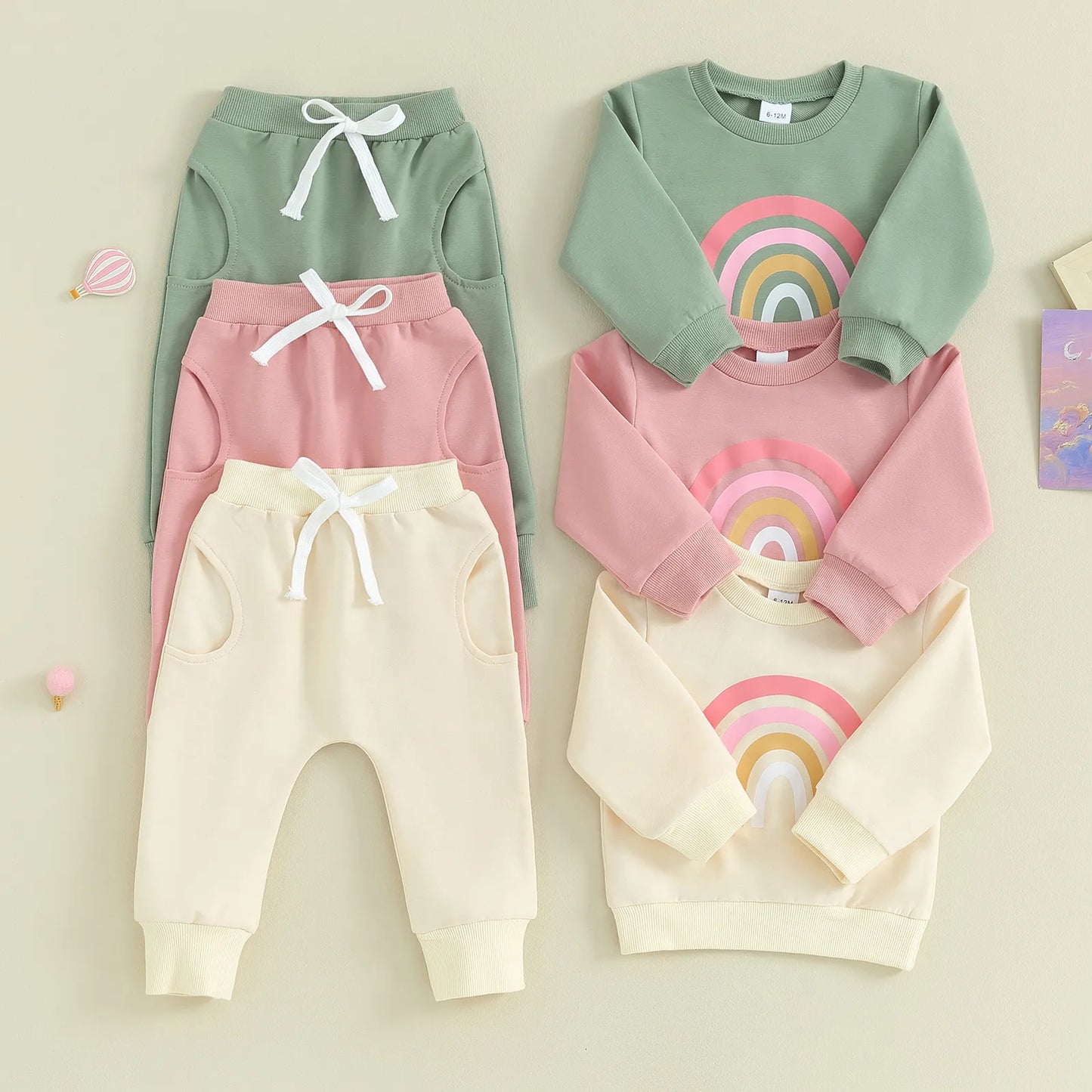 Two pieces Kids Suit Autumn Baby Girls Boys Outfits Cute Rainbow Print Long Sleeve Sweatshirt Top Pants Set For Toddler Clothes