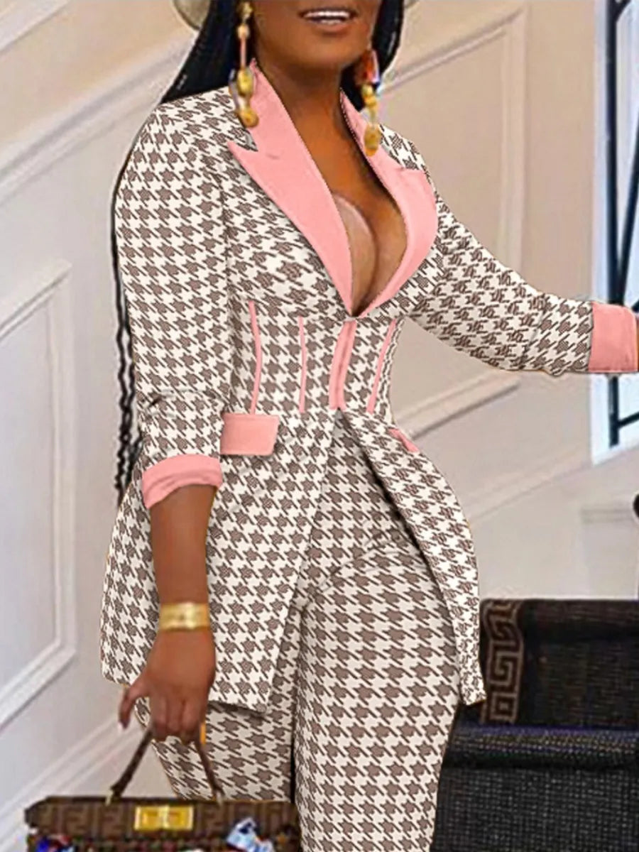 LW Plus Size Houndstooth Blazer Pants Set Women Pants Blazers Tops Pencil Pants Two-Piece Office Lady Fashion Outfits Autumn suit