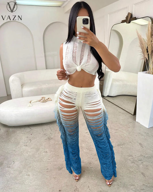 VAZN 2023 Sexy Street Style Women Sets Sleeveless Round Neck Short Top Elastic Long Pants Lady Broken Hole Lady 2 Piece Set