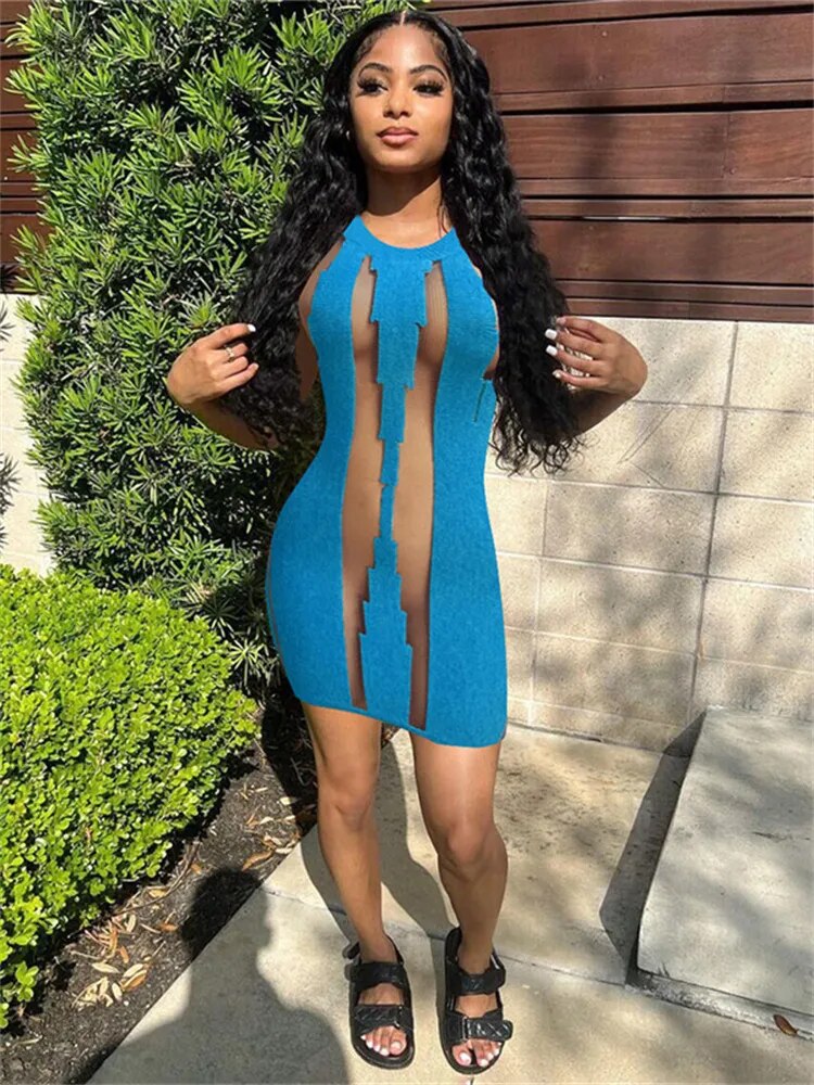 Summer Patchwork Mesh Outfits Sexy Dresses For Women 2023 Sleeveless Bodycon Mini Party Club Blue Black O Neck dress Laides