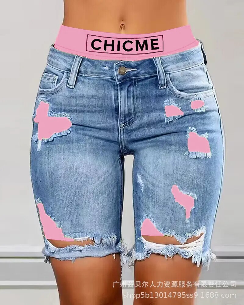 Wepbel Summer Sexy Ripped Jeans Colorblock Letter Print Short Jeans Ripped Fake 2 Piece Denim Shorts Women Ripped Denim Shorts