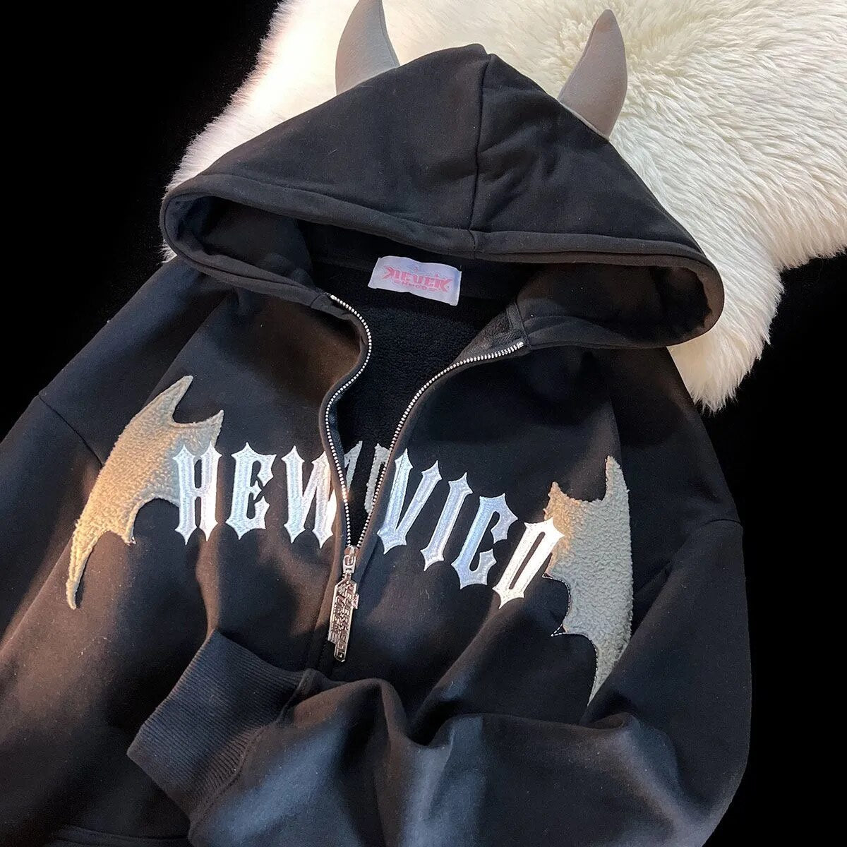 Women Retro Devil Horns Hoodie Y2K Oversize Zip Letter Embroidery Sweatshirts Harajuk High Street Long Sleeve Hooded Jacket Tops