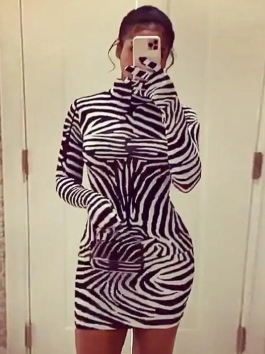 Zebra Print Women Mini Dress Long Sleeve with Gloves Bodycon Sexy Dresses Autumn Winter Clothes Club Streetwear Turtleneck Dress