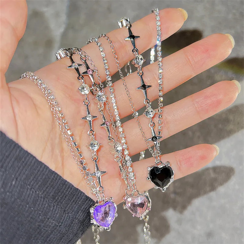 Purple Crystal Heart Pendant Necklace Women Sweet Cool Girl Punk Clavicle Chain Fashion Aesthetic Necklace Jewelry Gift