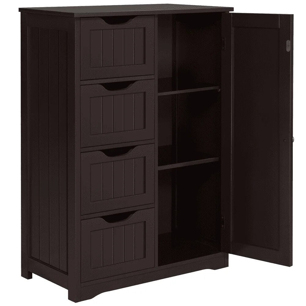 Wooden Bathroom Storage Cabinet with 4 Drawers & Cupboard, Espresso