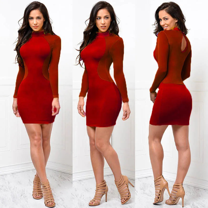 Women Sexy Bodycon Dress Evening Party Cocktail Dress Transparent Long Sleeve Clubwear Dress