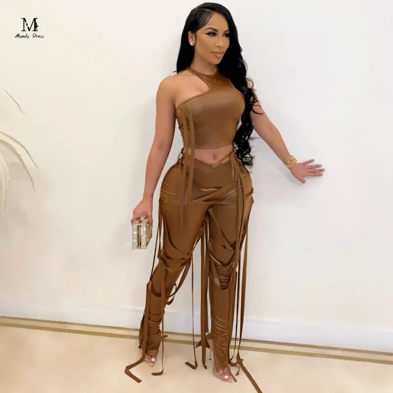 Streetwear PU Leather Set Women Outfits Bandage Vest and Pants Y2K 2023 Summer Fashion Sexy Women 2 Two Piece Suit