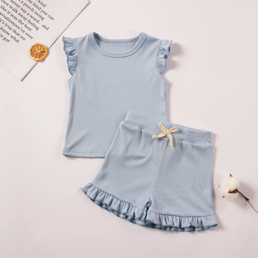 Summer Toddler Girl Ruffle Sleeve 2pcs Set Sleeveless T-shrits Top and Shorts Outfit for Kids Girls Solid Suit Clothing