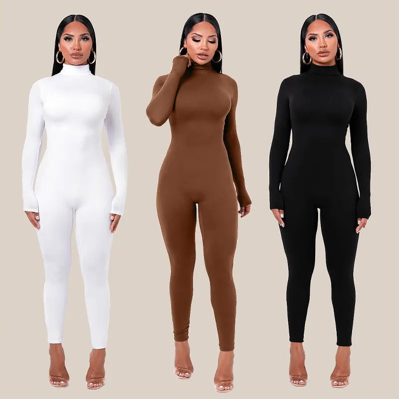 Winter Warm Women's Jumpsuit Autumn New Fashion High Collar Long Sleeve High Waist Pants Women Office Elegant Slim Jumpsuit 